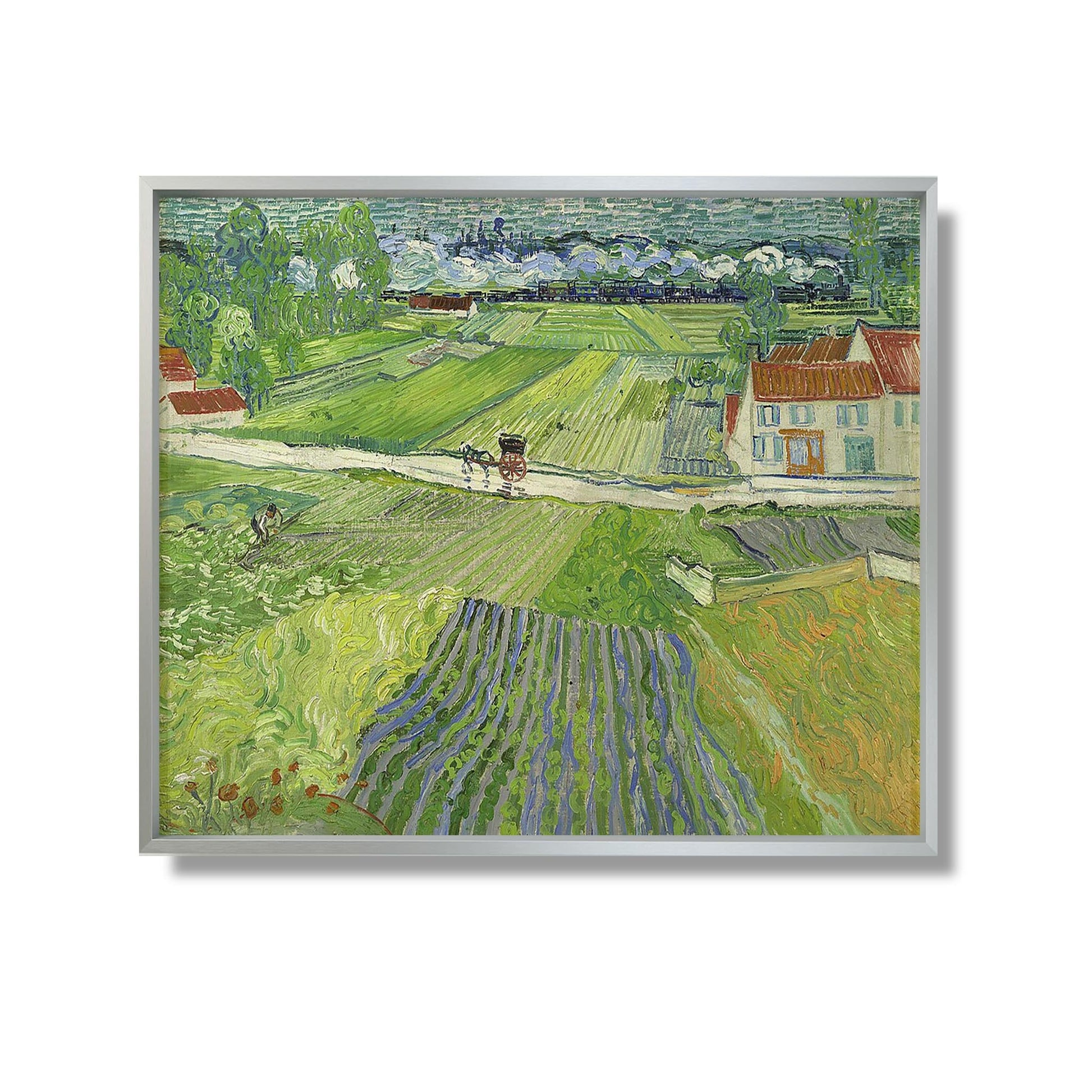 Paysage avec voiture et train à l'arrière-plan (1890) - Vincent Van Gogh - Reproduction Peinture