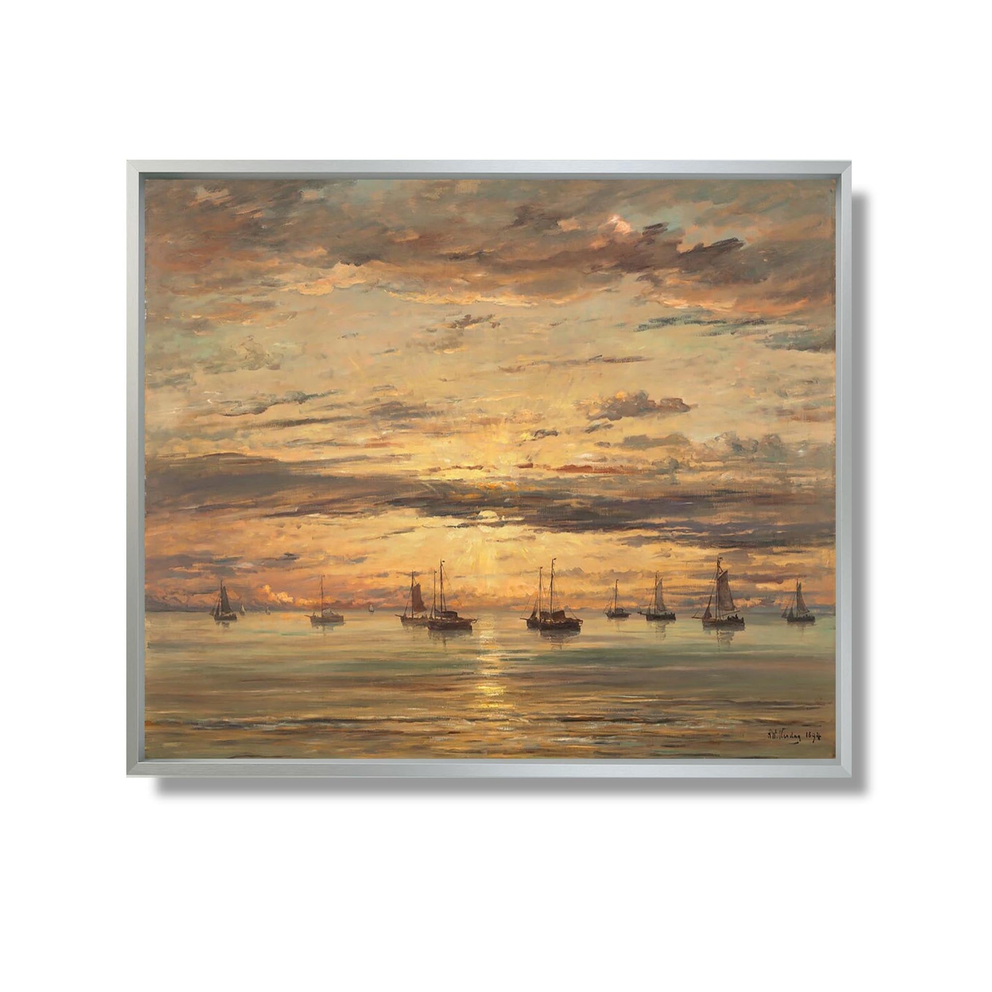 Sunset at Scheveningen: A Fleet of Fishing Vessels at Anchor - Hendrik Willem Mesdag - Reproduction Peinture